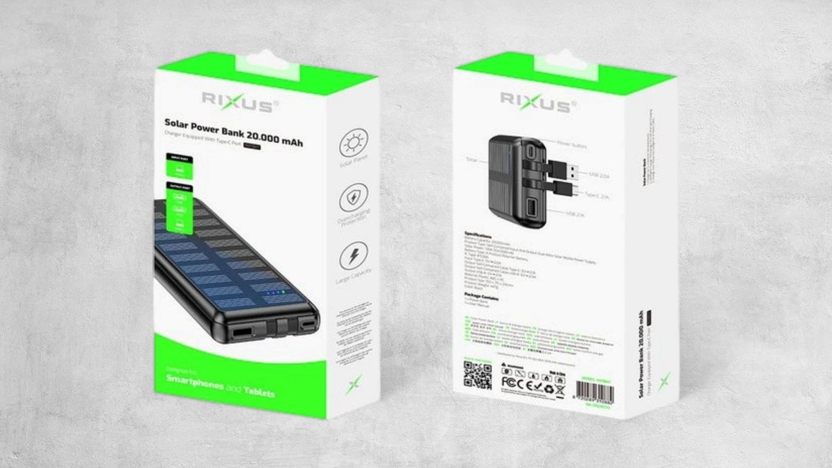 Rixus Rxpb47 Solar Powerbank 20000 Mah With Built-in Cables Black