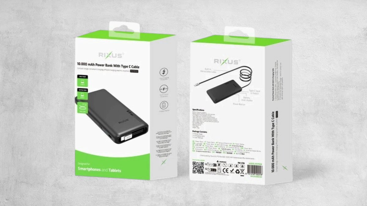 Rixus Rxpb08 Powerbank With Built-in Usb-c Cable 70cm 10000mah 22.5w Black