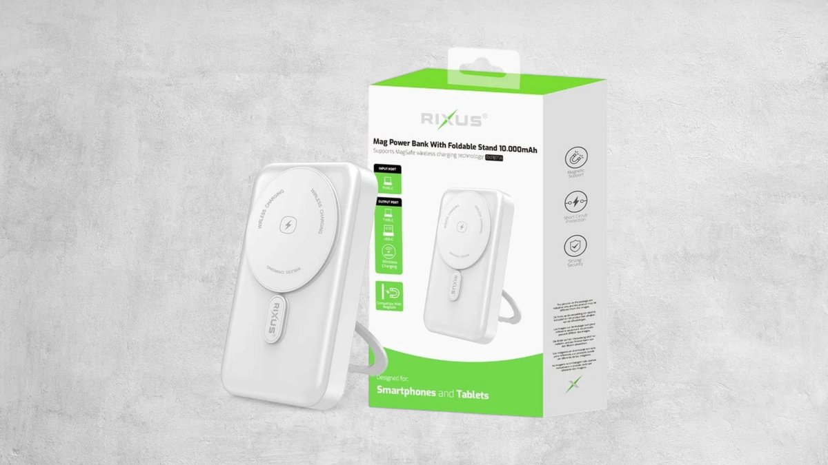 Rixus Rxpb71a Magsafe Compatible Powerbank 10000mah With Foldable Stand White