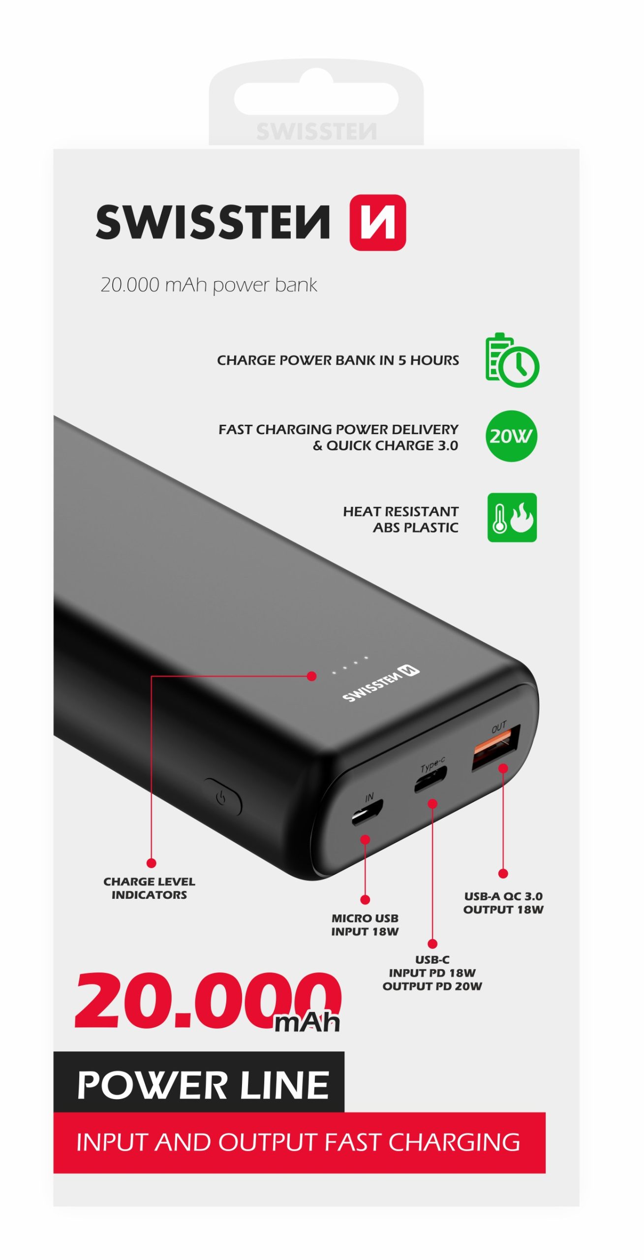 Swissten PowerLine Powerbank (20W) - 22013913 - 20,000 mAh - Black