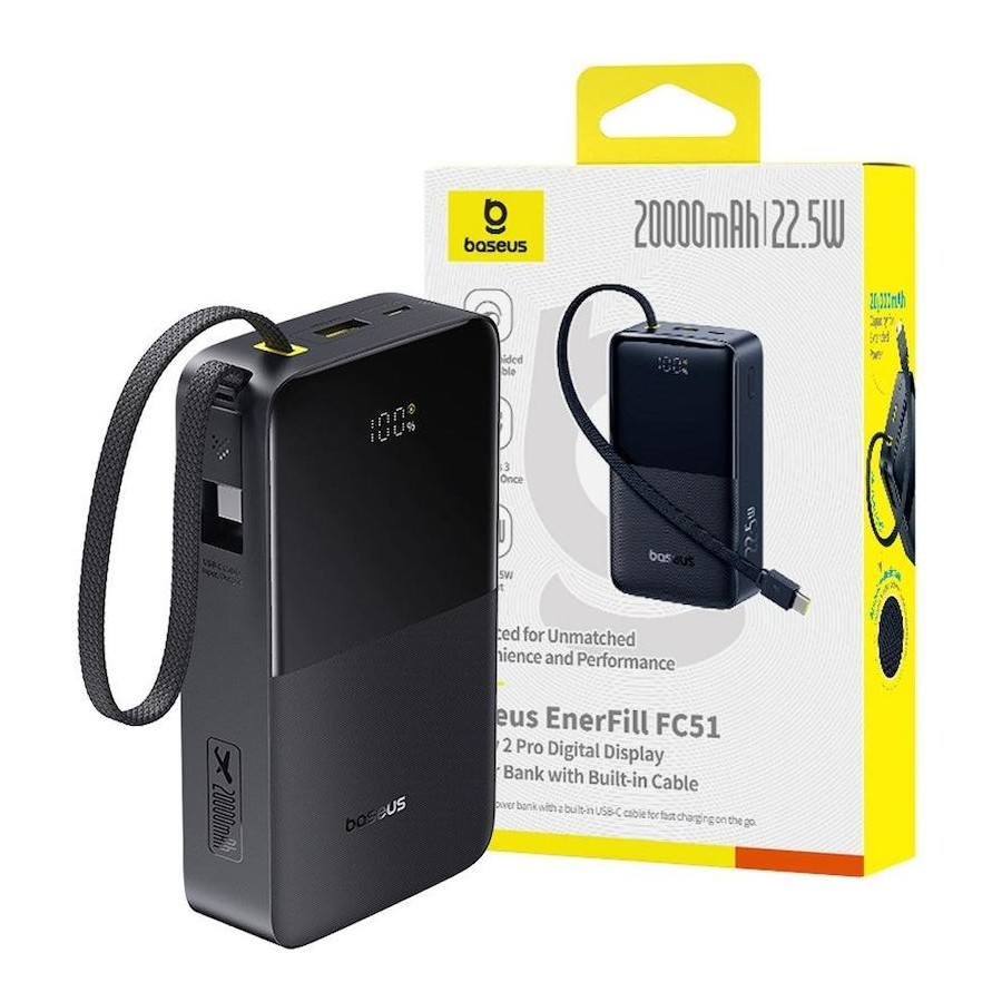Baseus EnerFill FC51 Bipow2 Pro Digital Display Power Bank with Built-in Cable 20000mAh 22.5W