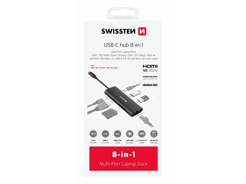 Swissten 8in1 USB-C Hub Aluminium USB-C 100W / HDMI 4K / LAN RJ45 / 2x USB-A / USB-C / SD / MICRO SD