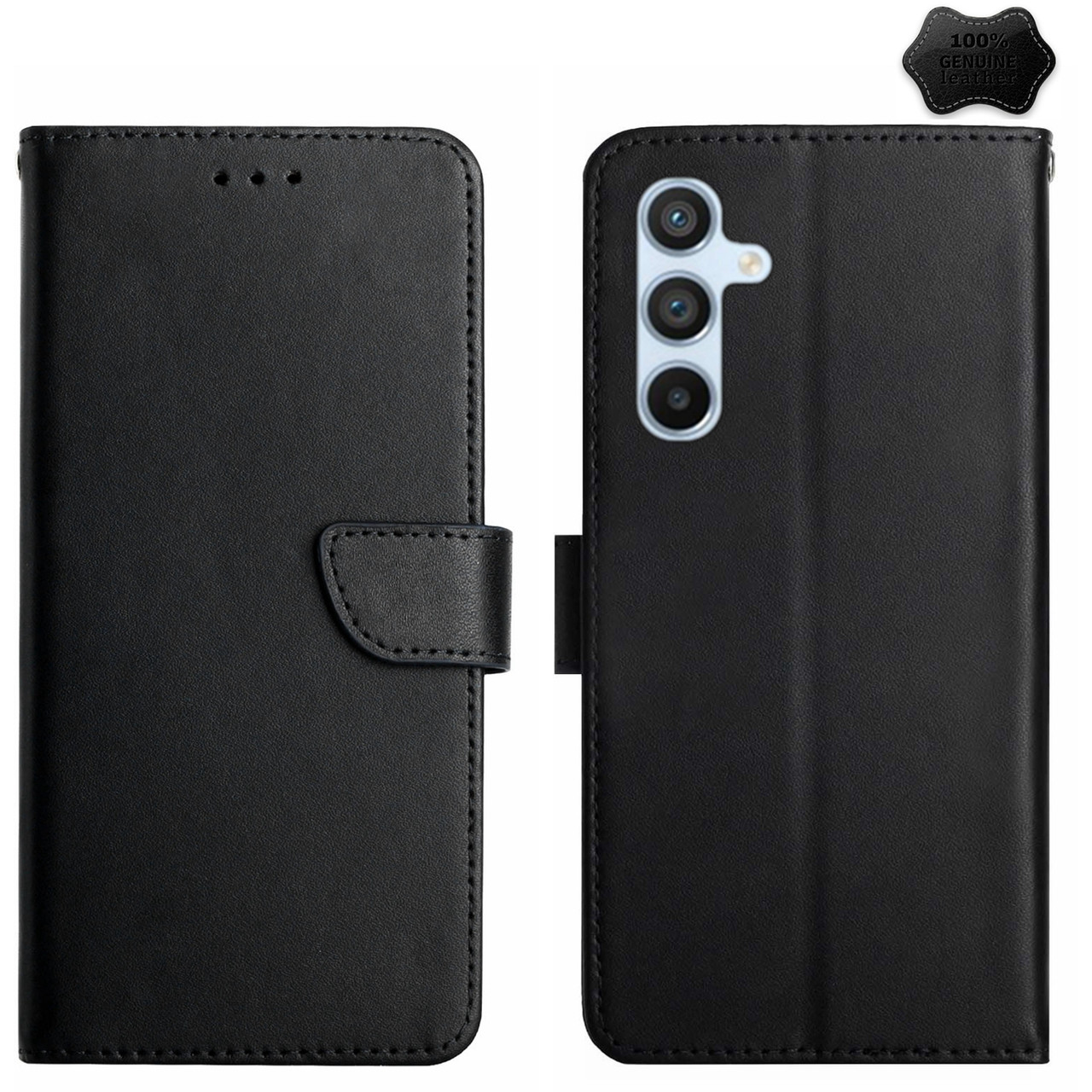 Samsung Galaxy A16 5G HT02 Genuine Leather Fingerprint-proof Flip Phone Case - Black