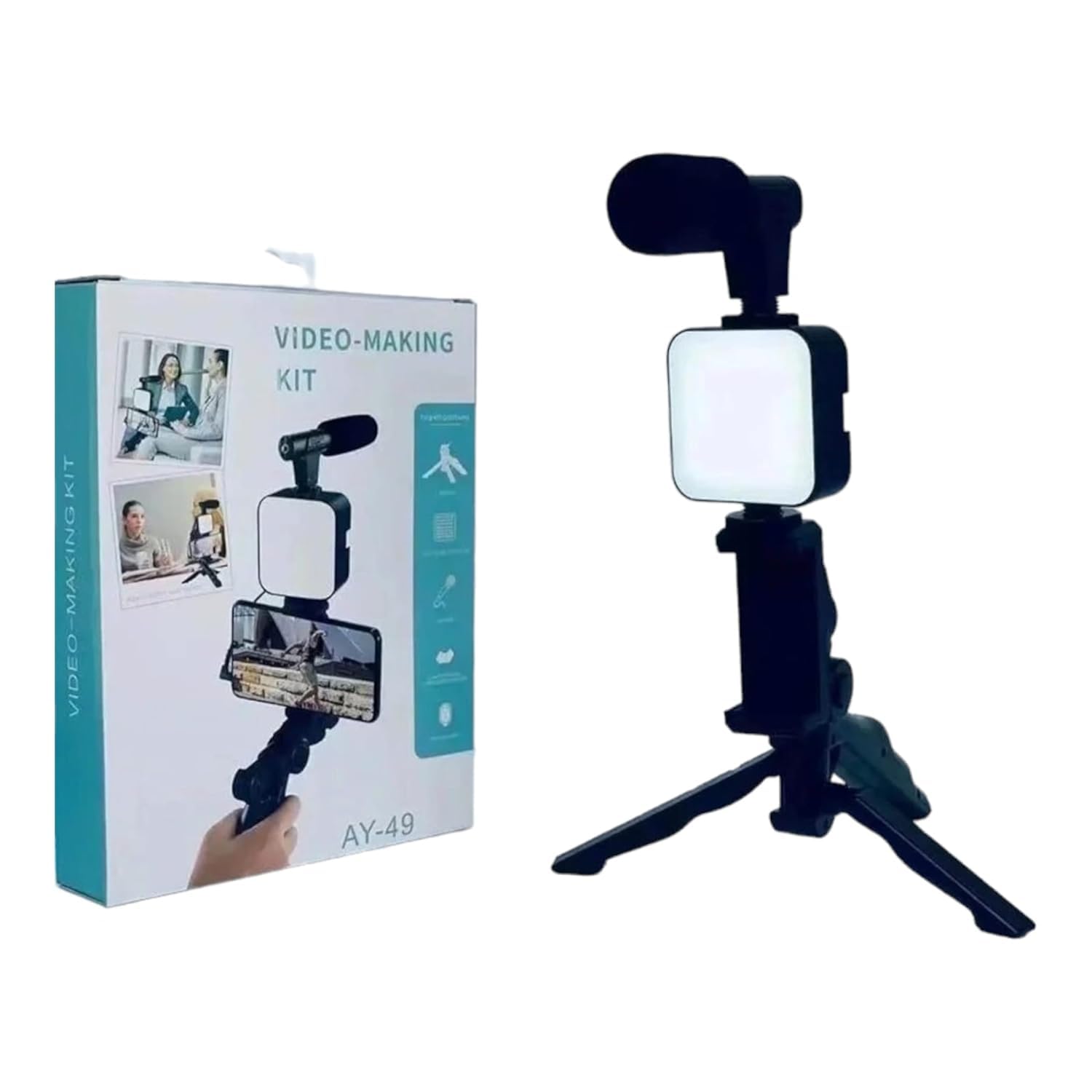 AY-49 Video Making Kit, Vlogging Kit with Bluetooth Remote, Mic, Mini Tripod Stand, LED Light & Phone Holder Clip for Making Videos