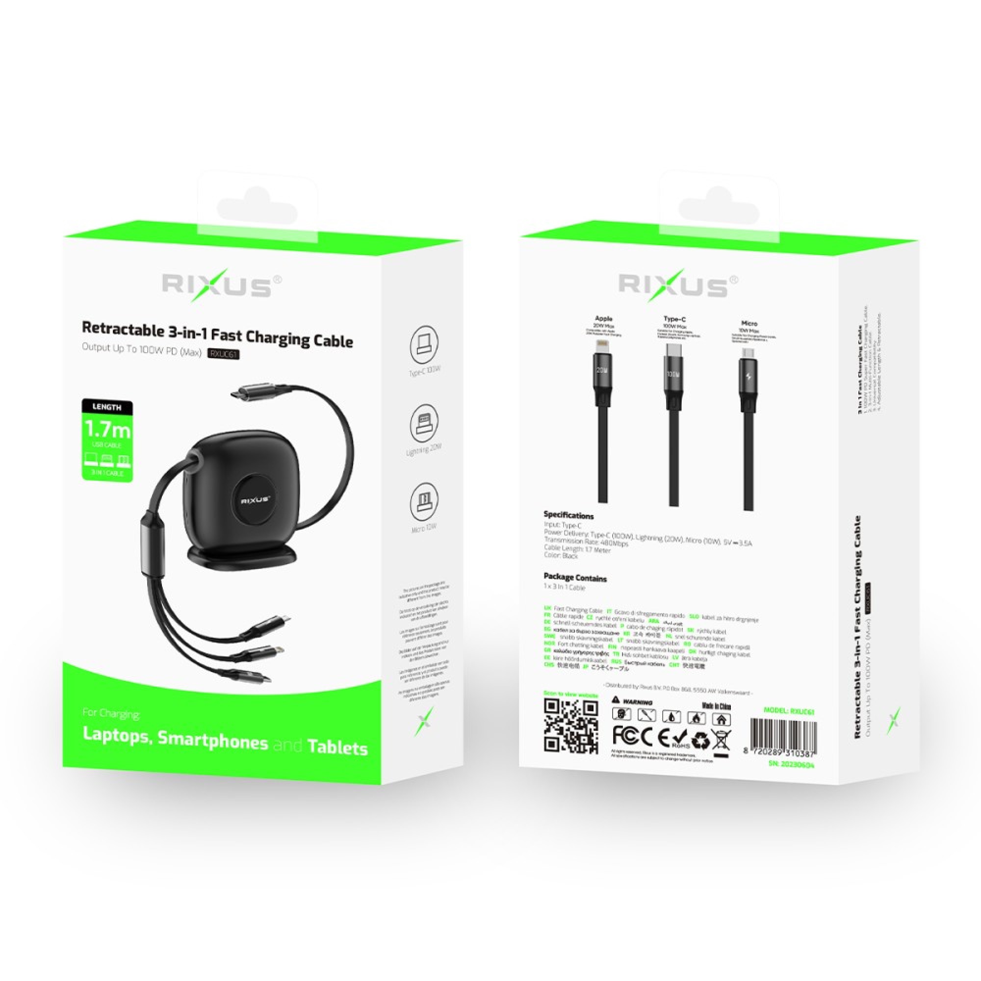 Rixus RXUC61 Retractable 3 in 1 Cable Desktop USB-C Fast Charger 1.7m 100W Black