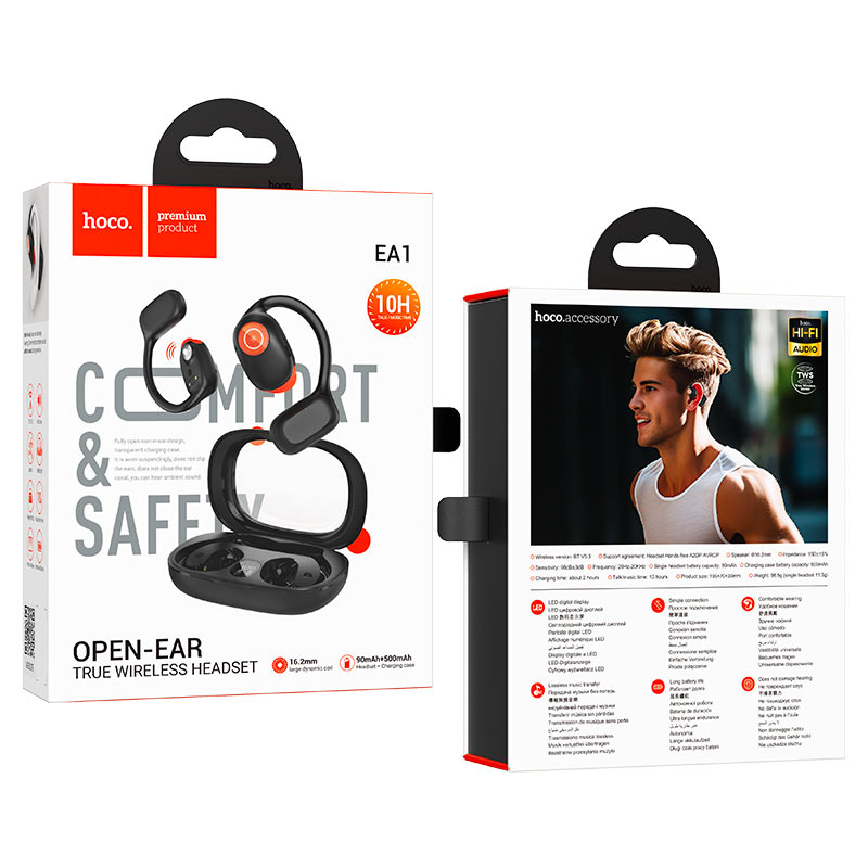 EA1 Spectrum, TWS headset, BT v5.3, charging case battery 500mAh, headset battery 90mAh, 10 hours of use and 360 hours of standby, open ears design