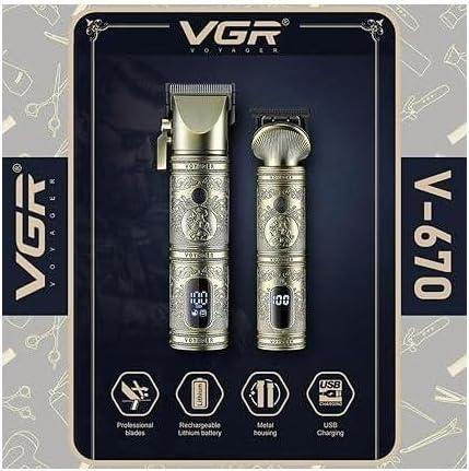 VGR Professional Hair Trimmers Clipper Set with Professional Blades, Rechargeable Battery, Metal Housing, USB Charging, Travel Lock, Cleaning Brush, and Lubricating Oil - V-670