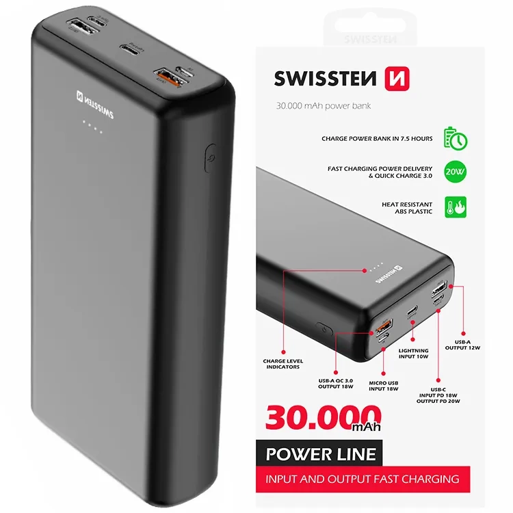 Swissten Powerbank 30000mAh, PD & QC, svi utori,