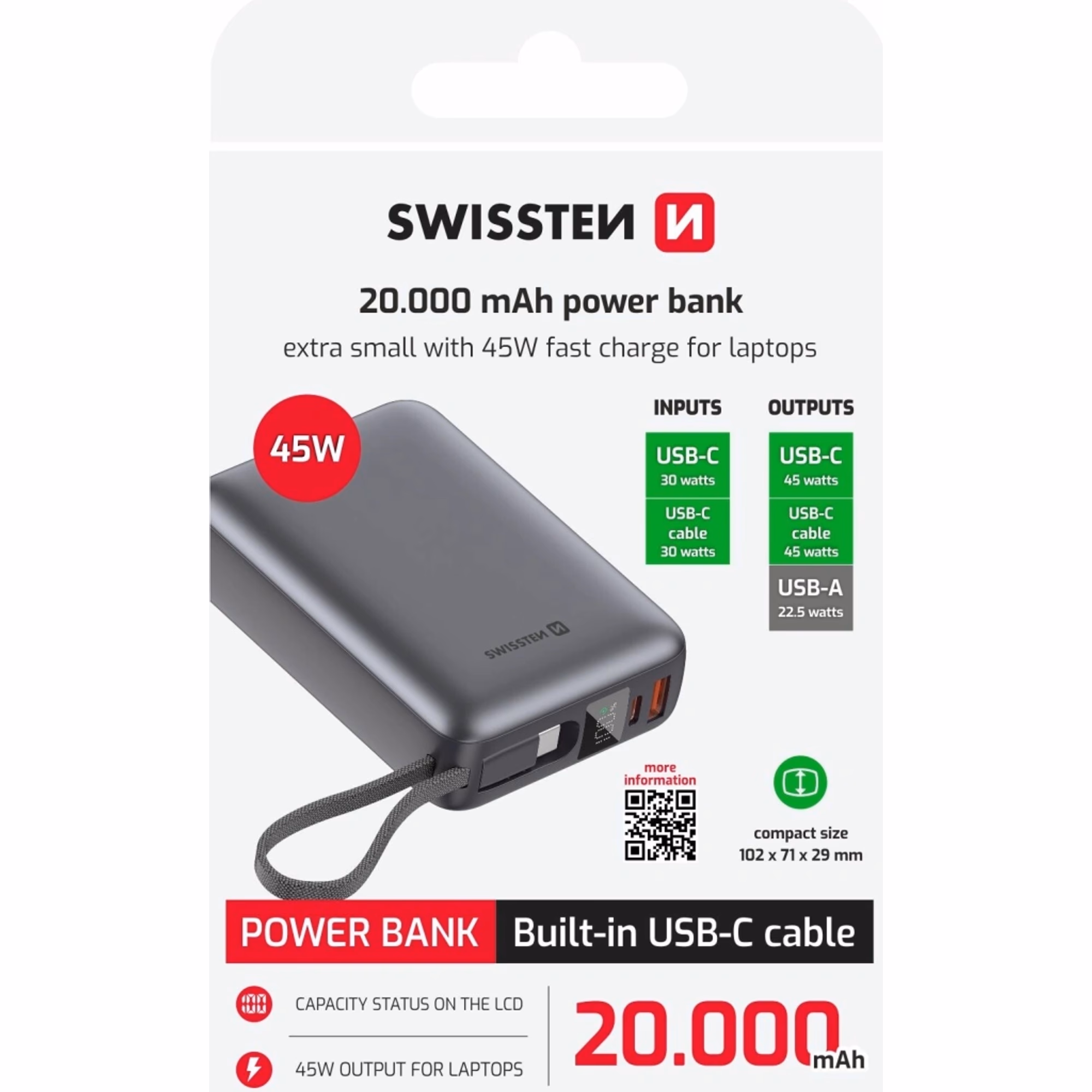Swissten 20000 mAh 45W USB-C 22013976