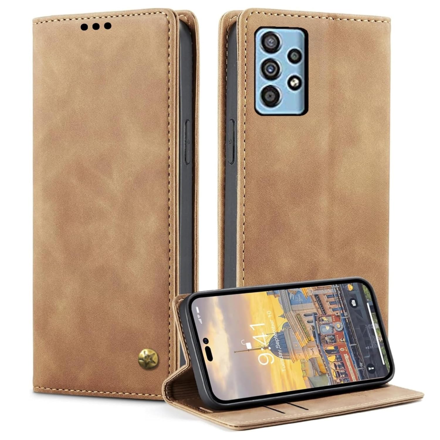 Exclusive Plus Samsung Galaxy A32 4G, Genuine Leather Wallet Case with Card Holder, Flip Cover Folio Kickstand Magnetic Phone Back Cover Designed for..