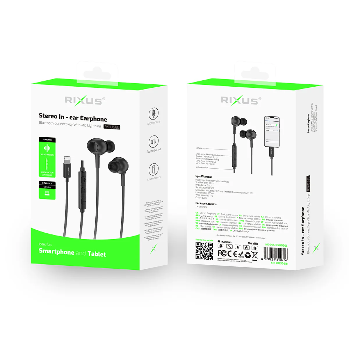Rixus RXHD56L Lighting Wired Earbud Type Headphone With Microphone Black