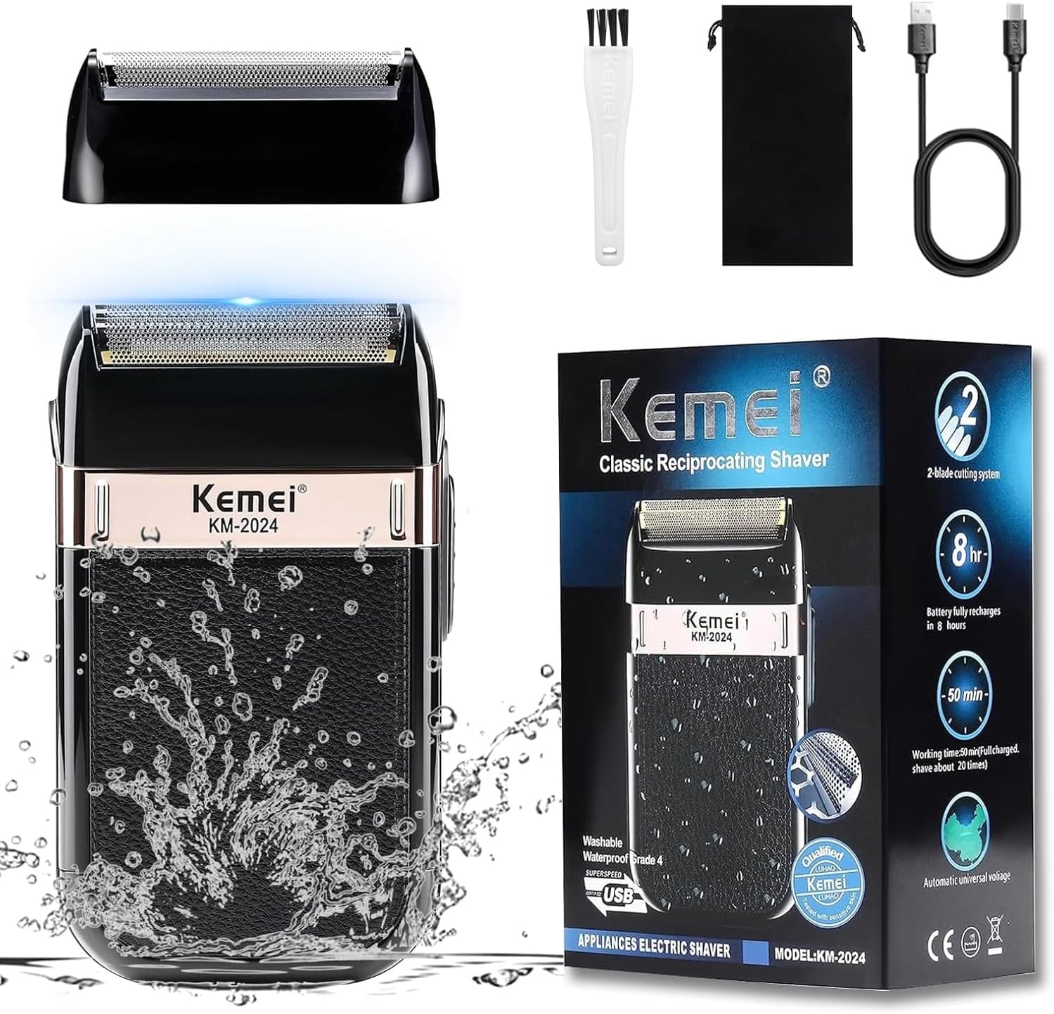 KEMEI 2024 Foil Shaver for Men, Cordless Men's Electric Shavers, Barber Shaver Rechargeable, Waterproof Dry/Wet Electric Razor