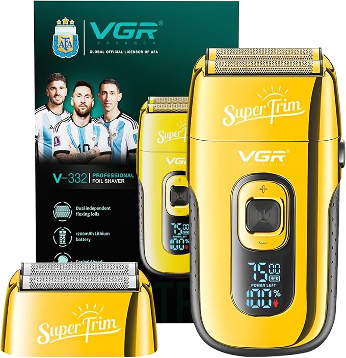 VGR V-332 Professional Foil Shaver for men, 150-Minute Runtime, Dual Independent Foils | Cordless & Corded Use | LED Display, Type-C USB Charging with 1 Year Warranty (Gold)