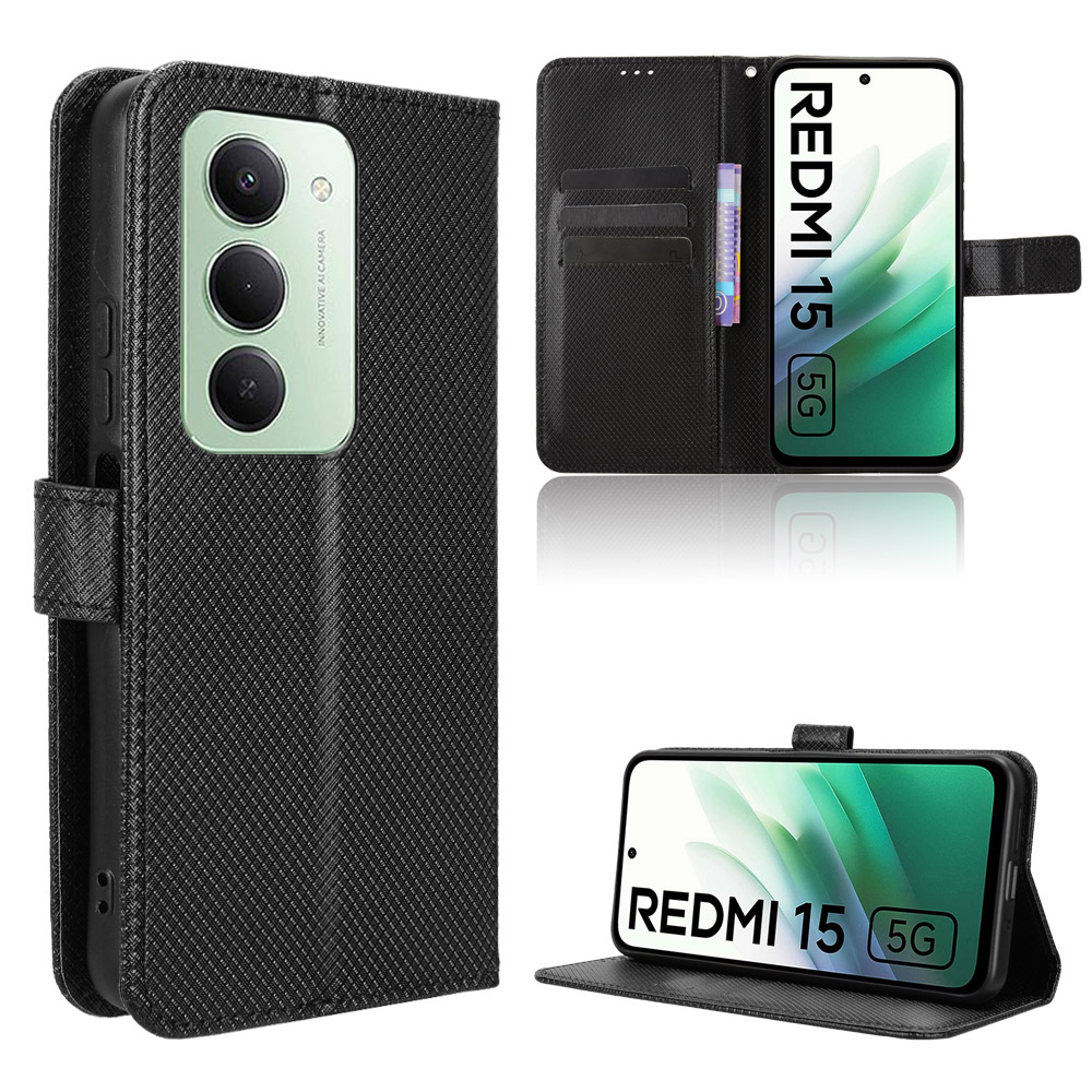 For Xiaomi Redmi 15 5G (Global) (169mm) Leather Wallet Case with Strap Diamond Texture Phone Cover - Black